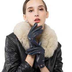 Nappaglo Damen Italienisches Lammfell Leder Handschuhe Touchscreen Winter Warm Langes Fleecefutter Handschuhe (M (Umfang der Handfläche:17.8-19.0cm), Dunkelmarineblau(Touchscreen)) von Nappaglo