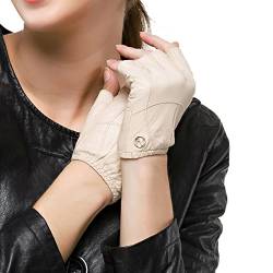 Nappaglo Damen Lederhandschuhe für fahren Halbfinger fingerlose Lammfell Leder Fitness Outdoor kurz ungefüttert Handschuhe (M (Umfang der Handfläche:17.8-19.0cm), Beige) von Nappaglo
