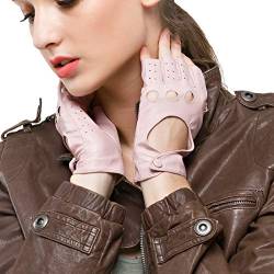 Nappaglo Damen klassisch Halbfinger Lederhandschuhe für fahren Fingerlose Lammfell Fitness Outdoor ungefüttert Handschuhe (L (Umfang der Handfläche:19.0-20.3cm), Rosa) von Nappaglo