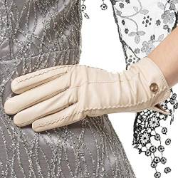 Nappaglo Damen klassische Handschuhe aus echtem Nappaleder Reines Kaschmir-Futter Winter Warm Handschuhe (M (Umfang der Handfläche:17.8-19.0cm), Cremig weiß(Non-Touchscreen)) von Nappaglo
