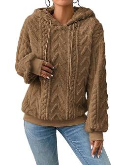 Narecte Sherpa Hoodies für Frauen Flauschiges Kapuzen-Sweatshirt Pullover Hoodie mit Muster Damen Winter Warme Fleecepullover, Braun, L von Narecte