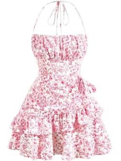 Narecte Sommerkleider für Damen 2024, rückenfreies Minikleid, Neckholder-Kleid, Blumendruck, kurze Kleider, Pink, Groß von Narecte