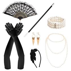Naseom 7 Stück 1920s Great Gatsby Accessoires, 20er Jahre Accessoires Damen Zubehör mit Handschuhen Halskette Armband Ohrringen Spitze Faltfächer, Schwarz von Naseom