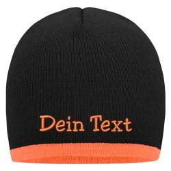 Nashville print factory Beanie mit farbigem Kontrastrand Bestickt mit Name oder Wunschtext Strickmütze Mütze (Black/Orange) von Nashville print factory