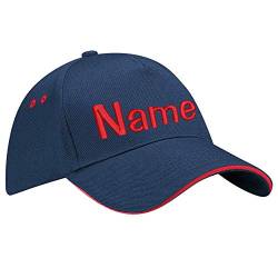 Nashville print factory Ultimate 5-Panel Cap Sandwich Peak Bestickt mit Name/Text Mütze Cappy Basecap (French Navy/Classic Red) von Nashville print factory