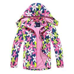 Natashas Kinder Mädchen Wasserdicht Jacke Übergangsjacke Fleecefütterung Warm Atmungsaktiv Winddicht Wanderjacke Outdoorjacke mit Kapuze (Blume, 116/122) von Natashas