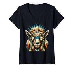 Damen Indianer Ziege Indianer Federn T-Shirt mit V-Ausschnitt von Native American Indian Wear Store