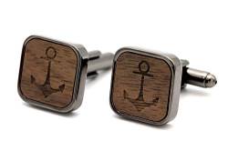 NaturSchatulle Manschettenknöpfe Herren Holz Gravur Anker 1 Paar Schwarz Manschettenknopf Eckig Hochzeit Anzug Männer Cufflinks for Men von NaturSchatulle