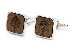 NaturSchatulle Manschettenknöpfe Herren Holz Gravur Baum 1 Paar Silber Manschettenknopf Eckig Hochzeit Anzug Männer Cufflinks for Men von NaturSchatulle