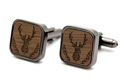 NaturSchatulle Manschettenknöpfe Herren Holz Gravur Hirsch Ast 1 Paar Schwarz Manschettenknopf Eckig Hochzeit Anzug Männer Cufflinks for Men von NaturSchatulle