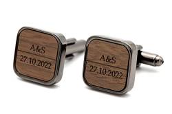 NaturSchatulle Manschettenknöpfe Herren Holz Gravur Individuell 1 Paar Schwarz Manschettenknopf Eckig Hochzeit Anzug Männer Cufflinks for Men von NaturSchatulle