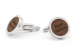 NaturSchatulle Manschettenknöpfe Herren Holz Gravur Individuell Trauzeuge 1 Paar Silber Manschettenknopf Rund Hochzeit Anzug Männer Cufflinks for Men von NaturSchatulle