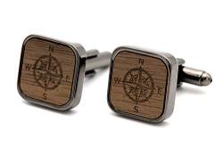 NaturSchatulle Manschettenknöpfe Herren Holz Gravur Kompass 1 Paar Schwarz Manschettenknopf Eckig Hochzeit Anzug Männer Cufflinks for Men von NaturSchatulle