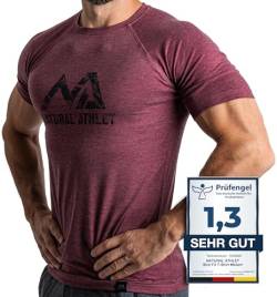 Herren Fitness T-Shirt meliert - Männer Kurzarm Shirt für Gym & Training - Passform Slim-Fit, lang mit Rundhals, Bordeaux, XL von Natural Athlet