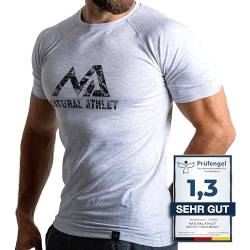 Herren Fitness T-Shirt meliert - Männer Kurzarm Shirt für Gym & Training - Passform Slim-Fit, lang mit Rundhals, Hellgrau, L von Natural Athlet