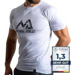 Herren Fitness T-Shirt meliert - Männer Kurzarm Shirt für Gym & Training - Passform Slim-Fit, lang mit Rundhals, Hellgrau, M von Natural Athlet