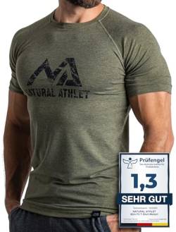 Herren Fitness T-Shirt meliert - Männer Kurzarm Shirt für Gym & Training - Passform Slim-Fit, lang mit Rundhals, Olive, XL von Natural Athlet