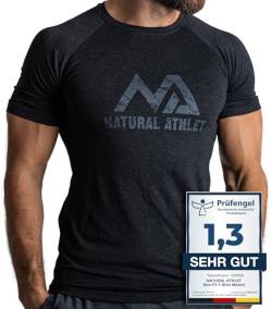 Herren Fitness T-Shirt meliert - Männer Kurzarm Shirt für Gym & Training - Passform Slim-Fit, lang mit Rundhals, Schwarz, L von Natural Athlet