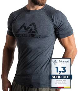 Natural Athlet Herren Fitness T-Shirt meliert - Männer Kurzarm Shirt für Gym & Training - Passform Slim-Fit, lang mit Rundhals, M, Anthrazit von Natural Athlet