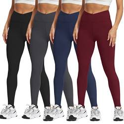 Natural Feelings Leggings mit hoher Taille für Damen, ultraweich, Stretch, blickdicht, schmale Yoga-Leggings, Einheitsgröße und Übergröße, Cross Waist-4er-Pack, schwarz/dunkelgrau/marineblau/weinrot, von Natural Feelings