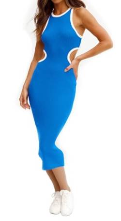 NauLon Sexy Damen-Kleid, figurbetontes Kleid, knöchellang, gerippt, Midi-Minikleider, Blau, Groß von NauLon