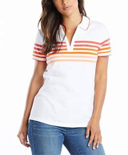 Nautica Damen Classic Fit Striped V-Neck Collar Stretch Cotton Polo Shirt Poloshirt, Hibiskus, Klein von Nautica