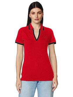 Nautica Damen Classic Fit Striped V-Neck Collar Stretch Cotton Polo Shirt Poloshirt, Nautisches Rot, X-Klein von Nautica