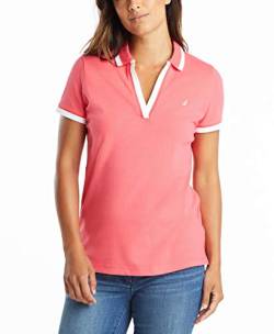 Nautica Damen Classic Fit Striped V-Neck Collar Stretch Cotton Polo Shirt Poloshirt, Rouge Pink, Mittel von Nautica