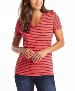 Nautica Damen Easy Comfort V-Neck Striped Supersoft Stretch Cotton T-Shirt, Rose Coral, Groß von Nautica