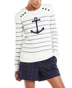 Nautica Damen Voyage Long Sleeve 100% Cotton Striped Crewneck Sweater Pullover, Marshmallow, X-Groß von Nautica