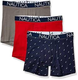 Nautica Herren 3-Pack Classic Underwear Cotton Stretch Boxer Brief Retroshorts, Rot/Platingrau/Sail Printpeacoat, Large von Nautica