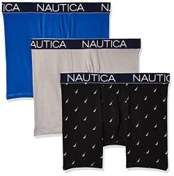 Nautica Herren 3-Pack Classic Underwear Cotton Stretch Boxer Brief Retroshorts, Sea Cobalt/Legierung/Segel Printblack Weiß, Large (3er Pack) von Nautica