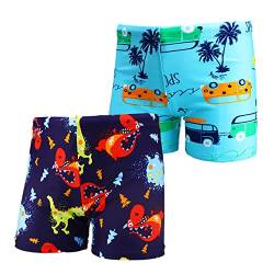 NautySaurs 2er-Pack Jungen Badehose 1–10 Jahre Kinder Bademode Dinosaurier Hai Shorts, Dinosaurier + Bus, 6-8 Jahre von NautySaurs