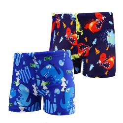 NautySaurs 2er-Pack Jungen Badehose 1–10 Jahre Kinder Bademode Dinosaurier Hai Shorts, Dinosaurier-Himmelblau + Dunkelblau, 2-4 Jahre von NautySaurs