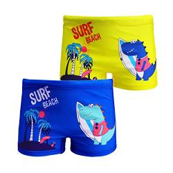 NautySaurs 2er-Pack Jungen Badehose 1-10 Jahre Kinder Bademode Kleinkind Kinder niedliche Dinosaurier Shorts, Surfender Dinosaurier, Blau und Gelb, 5-6 Jahre von NautySaurs