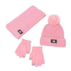 NautySaurs Jungen Mädchen Mütze Schal und Handschuhe Set Winter Thermo Strick Häkelmütze Bommelmütze Fleece Gefüttert Beanie für Kinder im Alter von 2-8 Jahren, rose, Einheitsgröße von NautySaurs