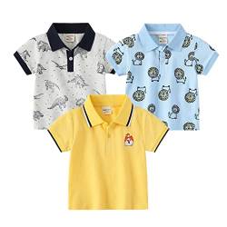 NautySaurs Jungen Polo Shirts Dinosaurier Cartoon Top 3 Packungen Kurzarm T-Shirts für 2-6 Jahre Kinder, Grau+Blau+Gelb, 4 Jahre von NautySaurs