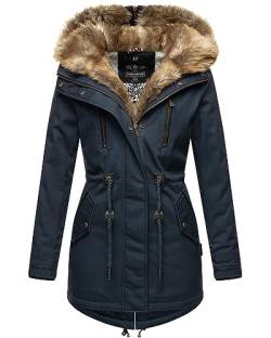 Navahoo warme Damen Winter Jacke lang Teddyfell Winterjacke Parka Mantel B648 [B648-Diamond-Navy-Gr.L] von Navahoo