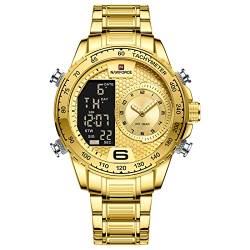NAVIFORCE Armbanduhr für Herren, Dual-Display, digitale Quarz-Uhren, multifunktional, Business-Armbanduhr aus Edelstahl, goldfarben von Naviforce