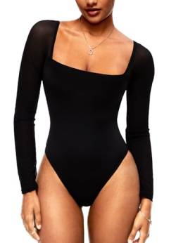 Navneet Body Damen Bodysuit Langarm Body Suit Off Shoulder Elegant Bodys Tops Langarmshirt Party Outfit Sexy Schulterfrei Bodys Leotard Square Neck Spitze Schwarz S von Navneet