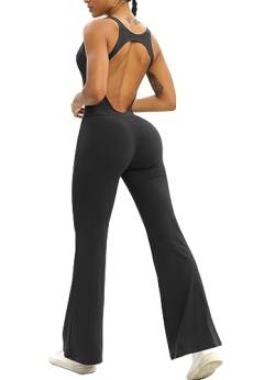 Navneet Jumpsuit Damen Lang Einteiler Sport Yoga Jumpsuits Eng Ärmellos Rückenfrei Padded Romper Bodysuit Onepiece Backless Flare Jumpsuit Schwarz XL von Navneet