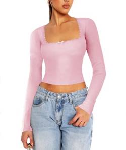 Navneet Langarmshirt Damen Eng Crop Tops Longsleeve Langarm Bauchfreies Oberteil Spitzen Square Neck Y2K Top Clothes Rosa L von Navneet