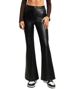 Navneet Lederhose Damen Wide Straight Leg Hose Weites Bein Schlaghose PU Kunstlederhosen High Waist mit Tasche Party Bell Bottoms Schwarz S von Navneet