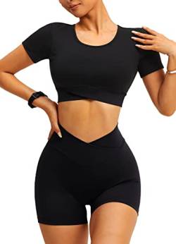 Navneet Sport Set Damen Gym Set Kurz Workout Sportset Fitness Outfit Set Sport Oberteile Scrunch Shorts Yoga Sets Sportbekleidung Sommer Zweiteiler Schwarz XS von Navneet