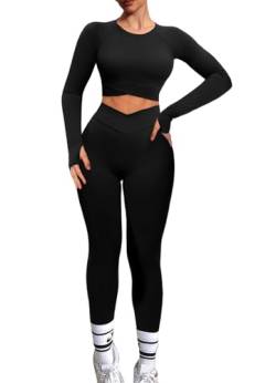 Navneet Sport Set Damen Gym Workout Set Lang Sportset Outfit Fitness Set Langarm Rückenfrei Oberteil Scrunch Leggings V Waist Leggings Zweiteiler Schwarz M von Navneet