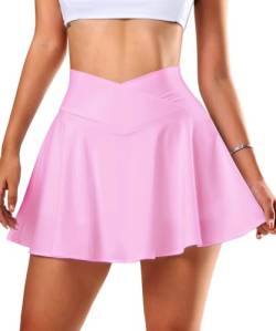 Navneet Tennisrock Crossover Rock mit Hose drunter Hosenrock Damen Sportrock Minirock Faltenrock Sport Golf Röcke Skirt Plissiert Rosa M von Navneet