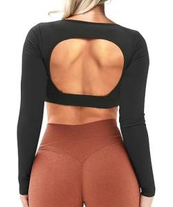 Navnnet Damen Sport Oberteile Langarmshirt Eng Rückenfreies Oberteil Sport Gym Top Fitness Outfit Yoga Shirt Longsleeve Backless Crop Tops Sport Schwarz M von Navneet