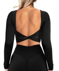 Navnnet Damen Sport Oberteile Langarmshirt Eng Rückenfreies Oberteil Sport Gym Top Fitness Outfit Yoga Shirt Longsleeve Backless Crop Tops Sport Twist Schwarz S von Navneet