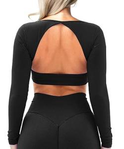 Navnnet Damen Sport Oberteile Langarmshirt Eng Rückenfreies Oberteil Sport Gym Top Fitness Outfit Yoga Shirt Longsleeve Backless Cut Out Crop Tops Sport Schwarz M von Navneet