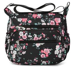 Nawoshow Umhängetasche aus Nylon mit Blumenmuster und mehreren Taschen für Frauen, Reise-Schultertasche, Schwarz (T09-rosa Blume), Einheitsgröße von Nawoshow